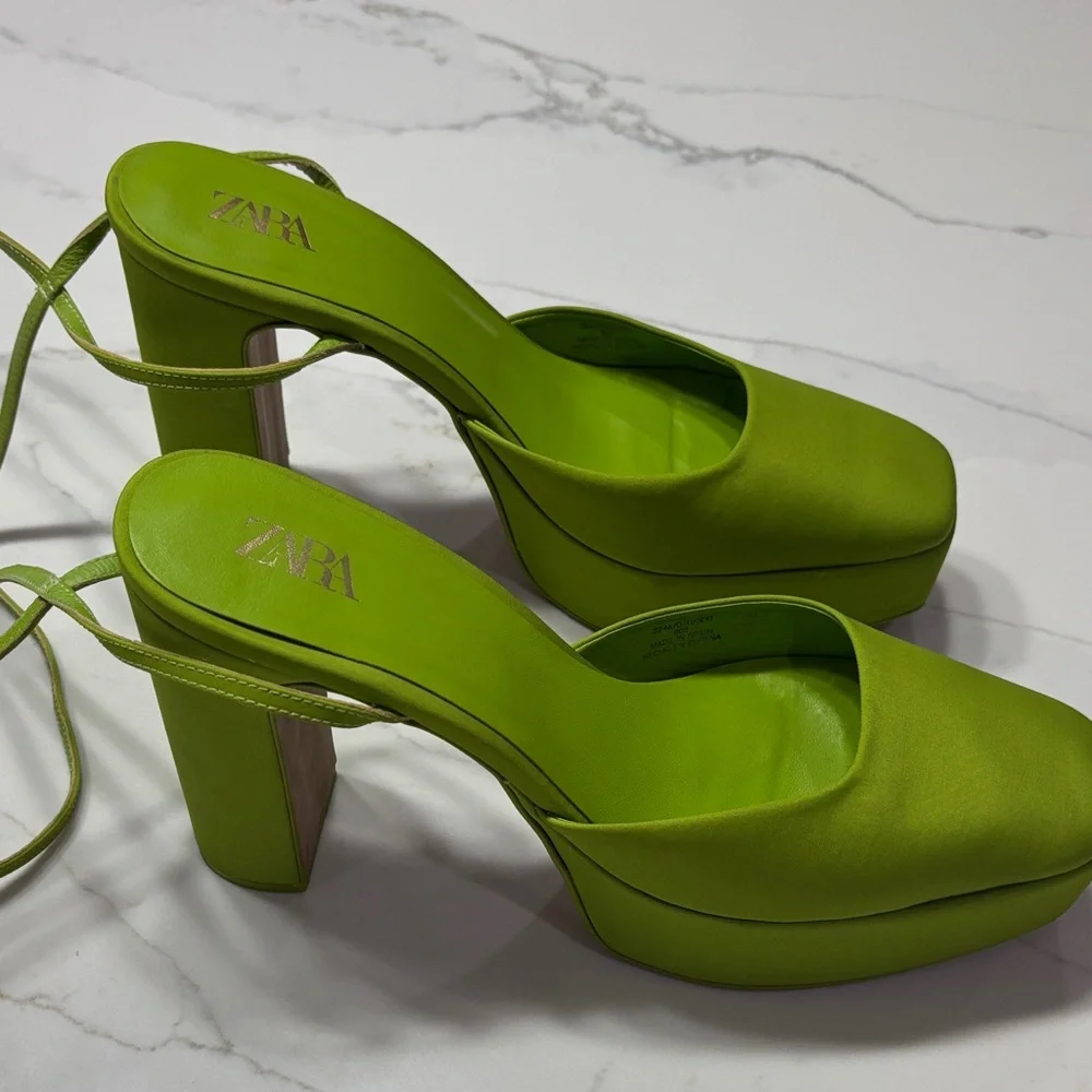Zara Lime Green Platform Ankle-Tie Heels